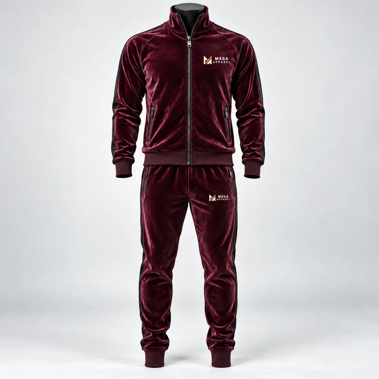 Burgundy velour tracksuit with a zip-up jacket, matching jogger pants, black side accents, and Mega Apparel logos on the chest and pants.